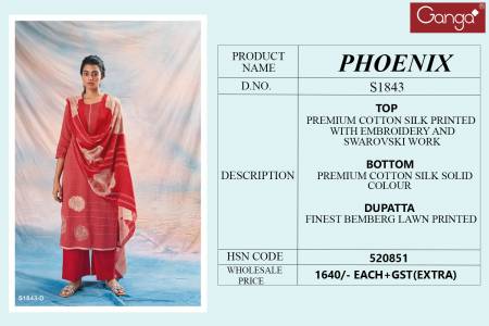 Phoenix 1843 By Ganga Cotton Silk Printed Suits Catalog